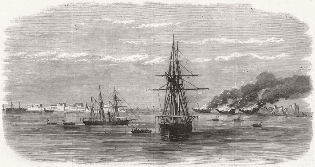 MIDDLE EAST. Burning pirate dhows, Persian Gulf 1868 old antique print picture